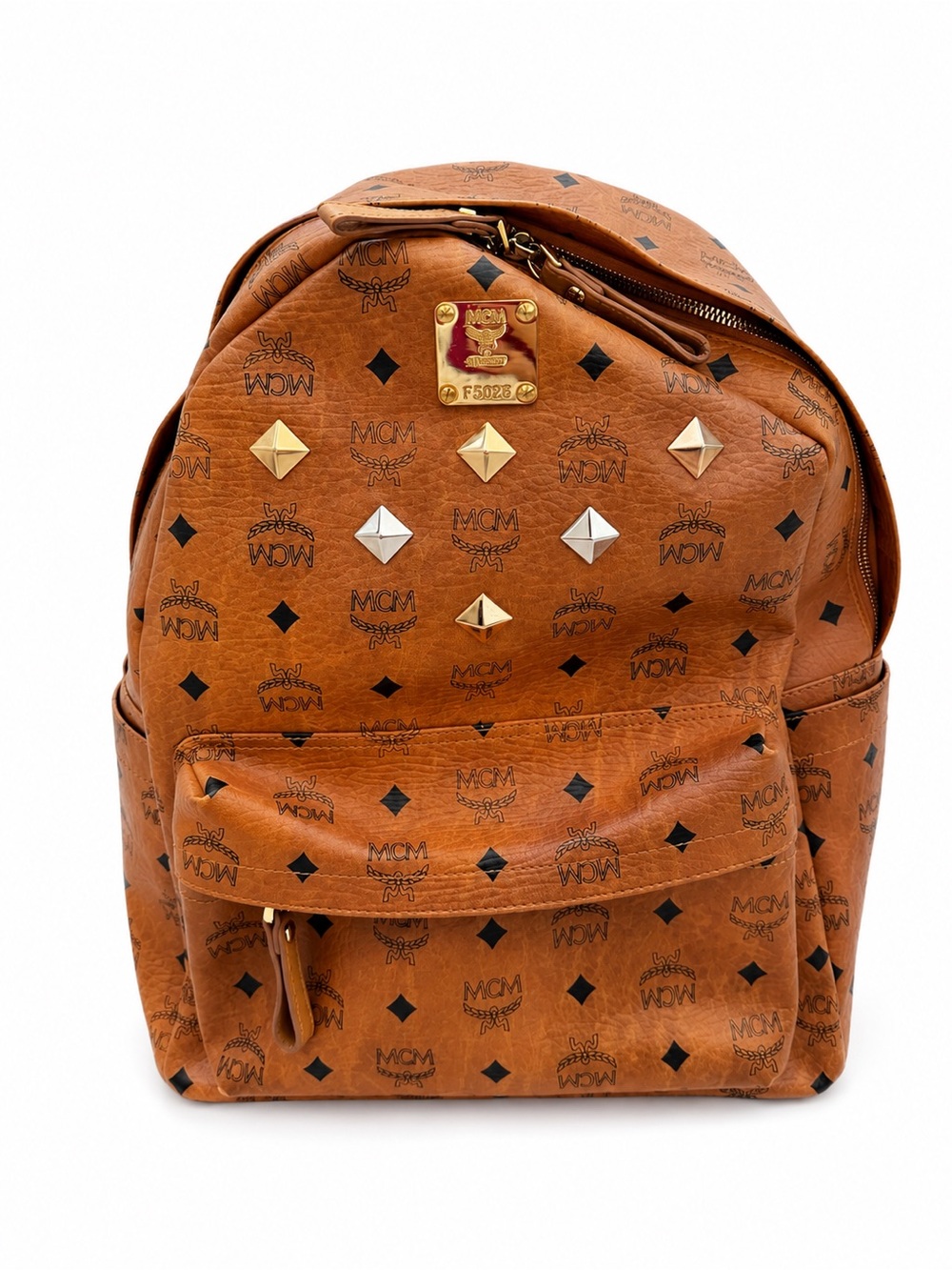 Authentic MCM Stark Visetos Cognac Backpack Gold Hardware